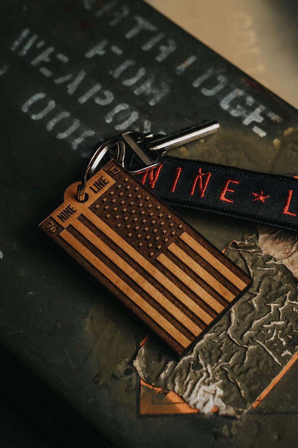 Wooden Nine Line Flag Keychain